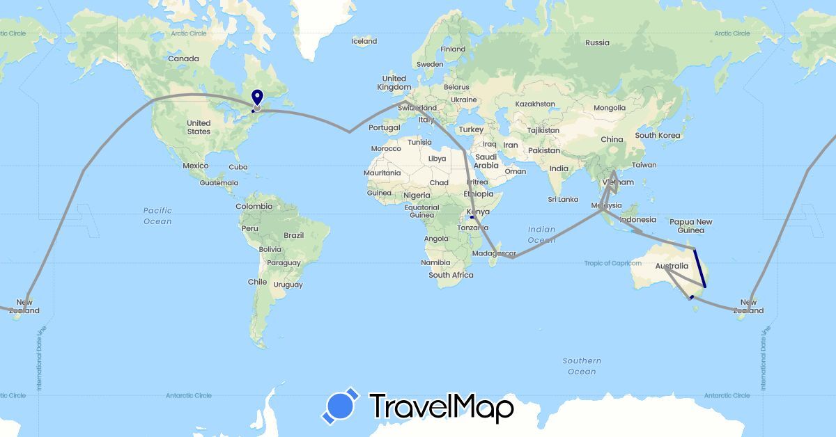 TravelMap itinerary: driving, plane, boat in Australia, Canada, Egypt, France, Indonesia, Kenya, Cambodia, Madagascar, Mauritius, Malaysia, New Zealand, Portugal, United States, Vietnam (Africa, Asia, Europe, North America, Oceania)